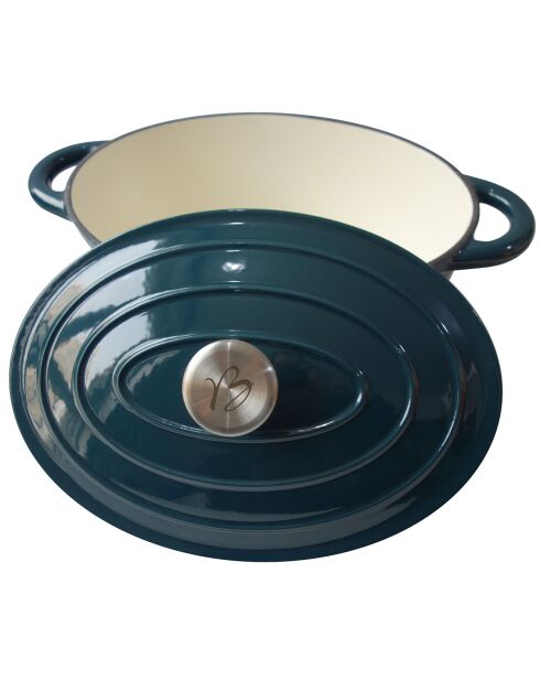 Cocotte ovale avec couvercle en fonte émaillée induction bleu vert - 37x24x12.5 cm