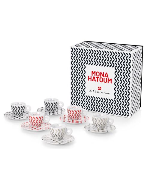 Coffret de 6 Tasses Espresso en Porcelaine Signé Mona Hatoum rouge/noir/gris - 55 ml