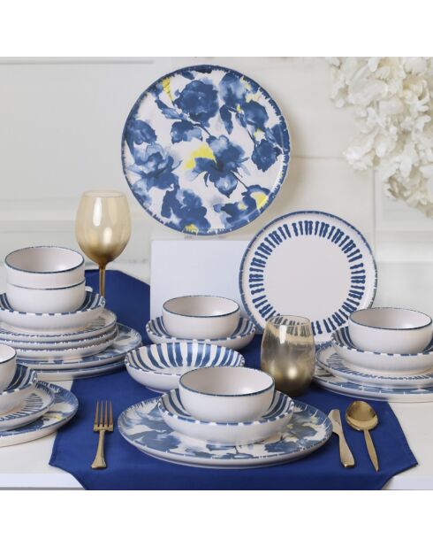 Tafelbesteck aus Steinzeug, 24-teilig, blau/weiß