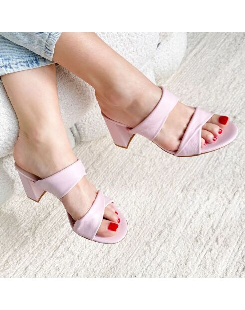 Mules en Cuir Elvy roses - Talon 7 cm