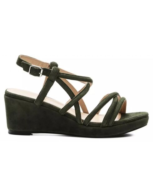 Sandales compensées en Velours de Cuir Sydney kaki - Talon 5.5 cm