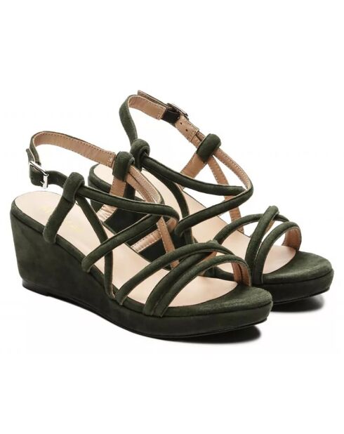 Sandales compensées en Velours de Cuir Sydney kaki - Talon 5.5 cm