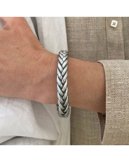 Bracelet Bouddhiste Tressé Epais argenté brillant