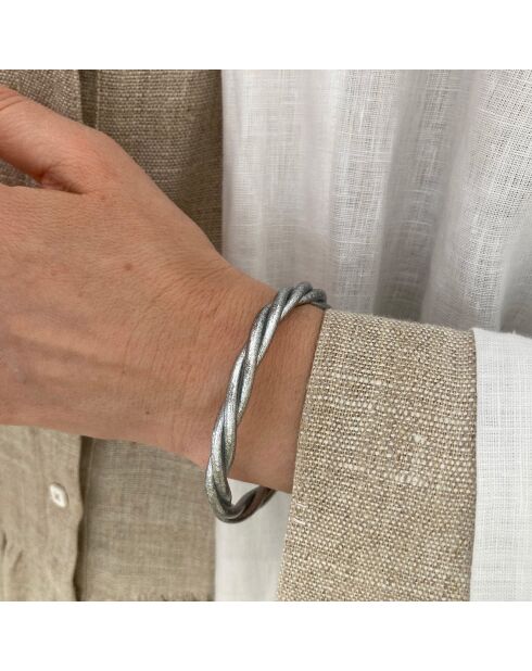 Bracelet Bouddhiste Torsadé Epais argenté brillant