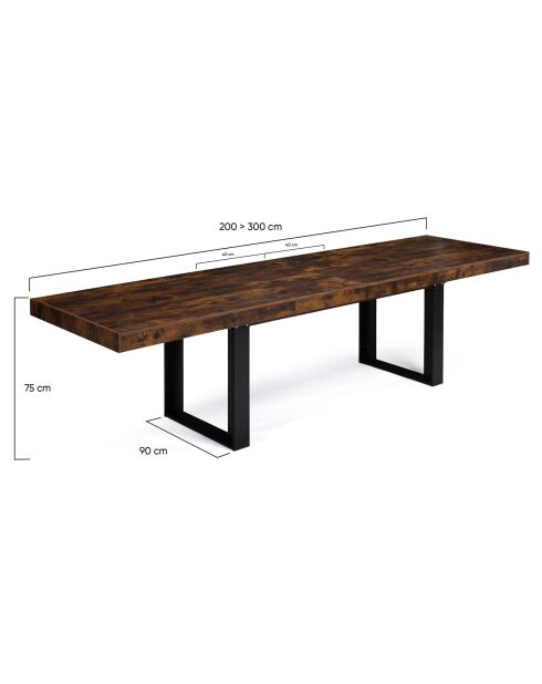 Table repas extensible Brixton plateau effet bois vieilli bois/noir - 200/300x90x75 cm