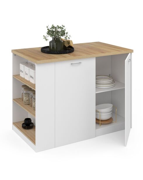 Ilot central de cuisine Dario avec rangements bois/blanc - 120x70x90 cm