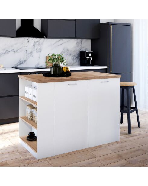 Ilot central de cuisine Dario avec rangements bois/blanc - 120x70x90 cm