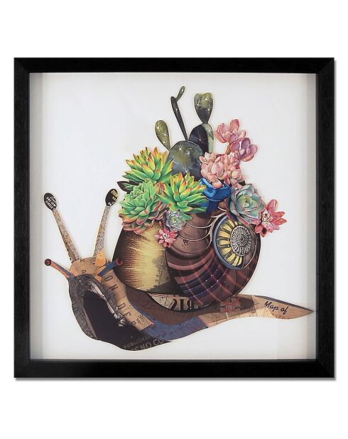 Tableau collage 3D 'Escargot avec fleurs 2' multicolore - 40x40x3 cm