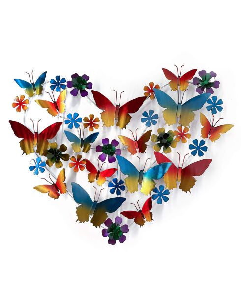 Sculpture murale métallique 'Coeur de papillons' multicolore - 81x66x7 cm