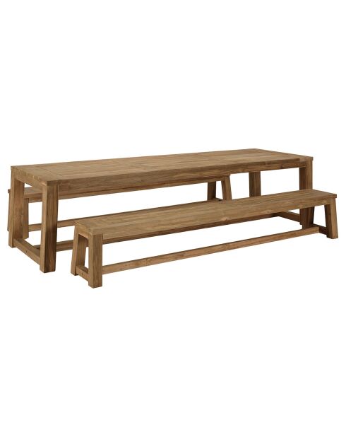 Gartenmöbel: 1 Tisch und 2 Bänke aus recyceltem Teakholz