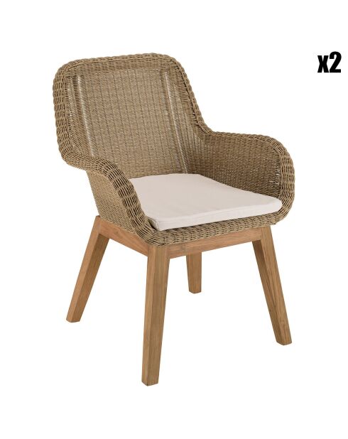 2 Fauteuils jardin rotin synthétique et coussin bois - 60x65x84 cm