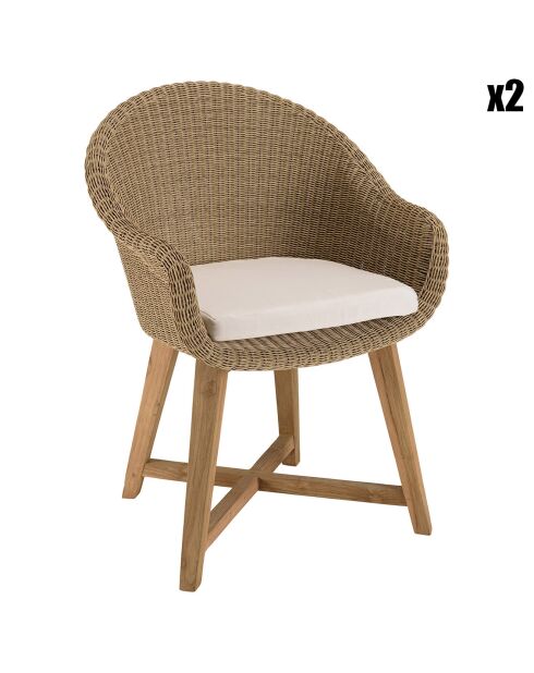 2 Fauteuils jardin rotin synthétique et coussin bois - 66x55x88 cm