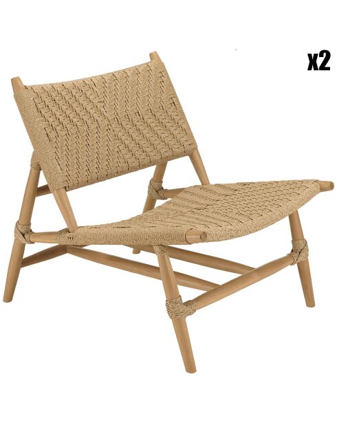 2 Fauteuils lounge jardin teck rotin synthétique relief     bois - 68x87x79 cm