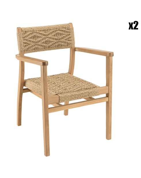 2 Fauteuils jardin teck rotin synthétique bois - 57x61x81 cm