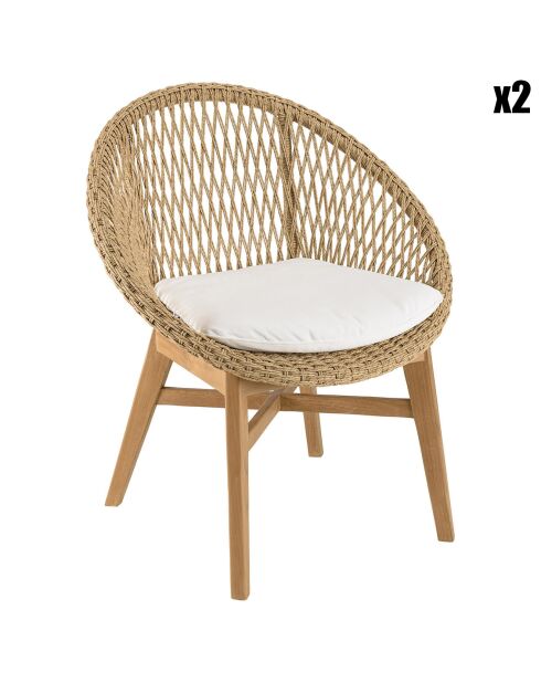 2 Fauteuils jardin arrondi teck rotin synthétique bois - 72x65x85 cm