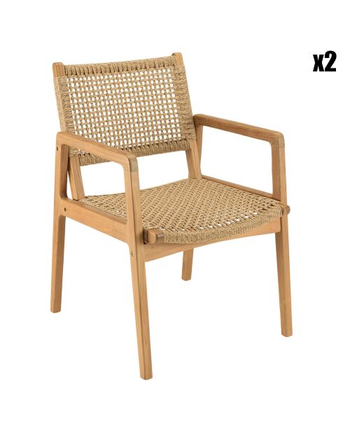 2 Fauteuils jardin teck naturel rotin synthétique bois - 57x65x85 cm