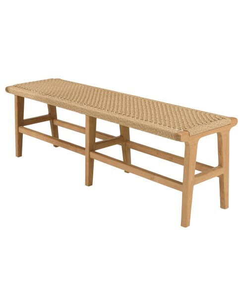 Banc de jardin 3 places teck assise rotin synthétique bois - 151x43x48 cm