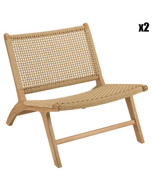 2 Fauteuils lounge de jardin teck rotin synthétique bois - 66x78x69 cm