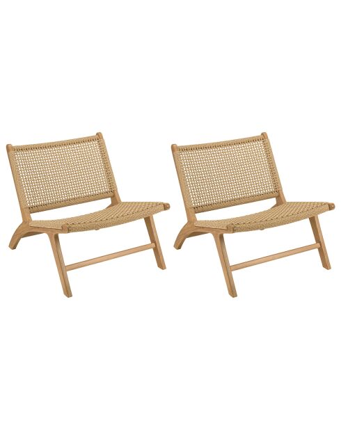 2 Fauteuils lounge de jardin teck rotin synthétique bois - 66x78x69 cm