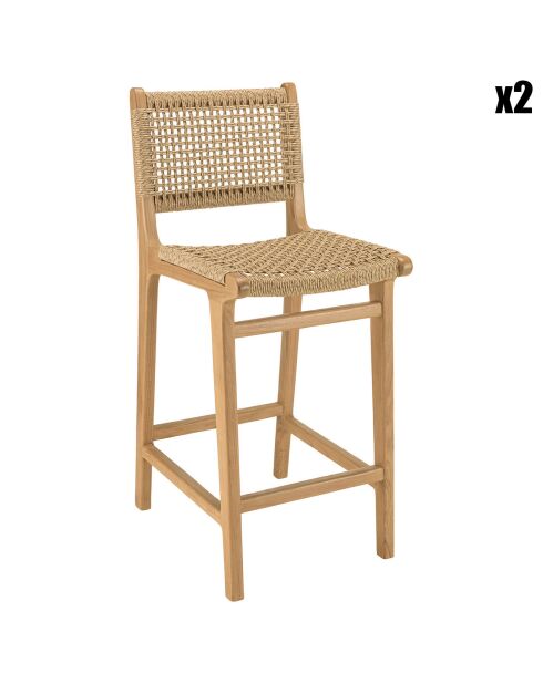 2 Tabourets bar de jardin teck rotin synthétique bois - 41x53x97 cm