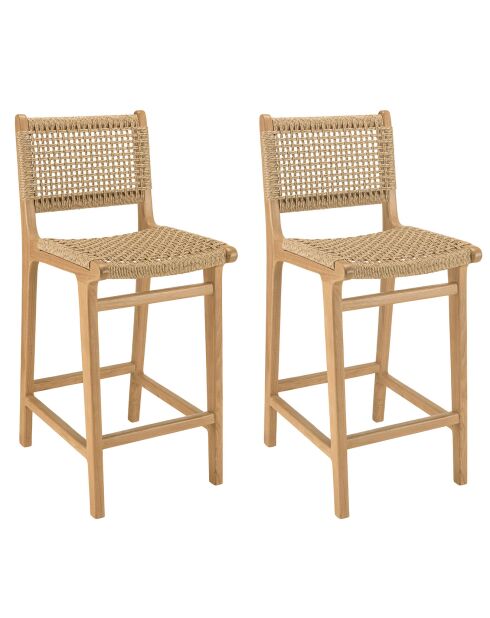 2 Tabourets bar de jardin teck rotin synthétique bois - 41x53x97 cm