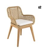 2 Fauteuils jardin teck rotin synthétique et coussin bois - 59x60x84 cm