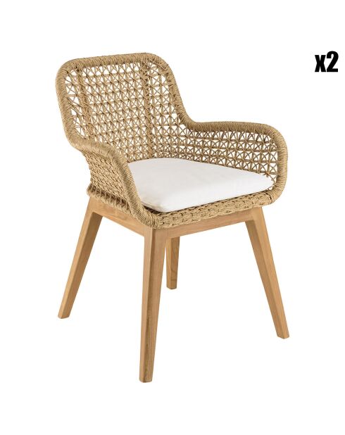 2 Fauteuils jardin teck rotin synthétique et coussin bois - 59x60x84 cm