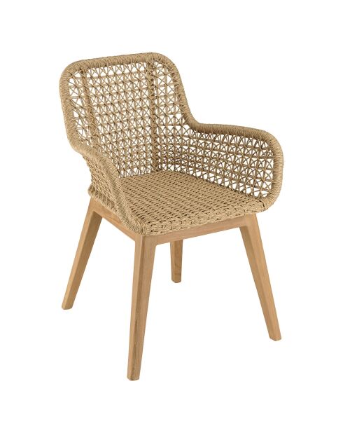 2 Fauteuils jardin teck rotin synthétique et coussin bois - 59x60x84 cm