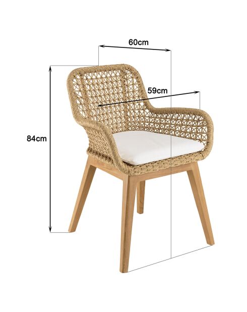 2 Fauteuils jardin teck rotin synthétique et coussin bois - 59x60x84 cm