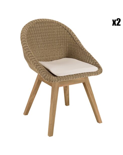 2 Chaises jardin rotin synthétique avec coussin bois - 56x60x84 cm