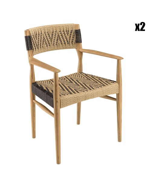 2 Fauteuils jardin teck rotin synthétique bois - 56x55x81 cm