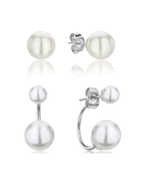 2 Paires de Boucles d'Oreilles Agata en Acier & Perle de coquillage argentées