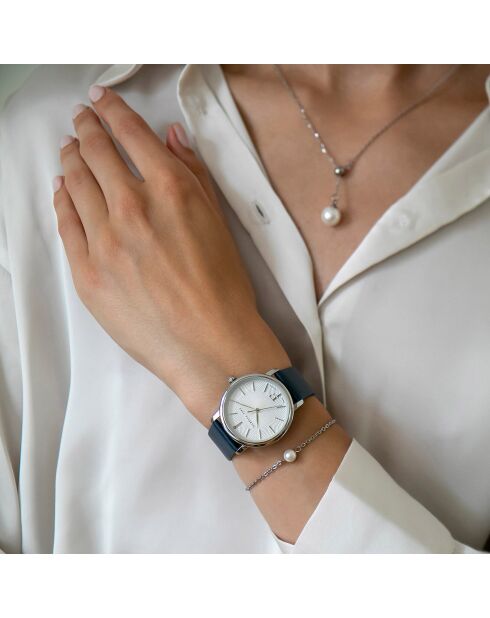 Set Montre 2 Bracelets Adore en Acier, Cuir & Diamant argenté/bleu foncé