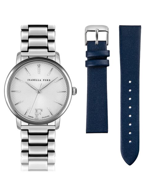 Set Montre 2 Bracelets Adore en Acier, Cuir & Diamant argenté/bleu foncé