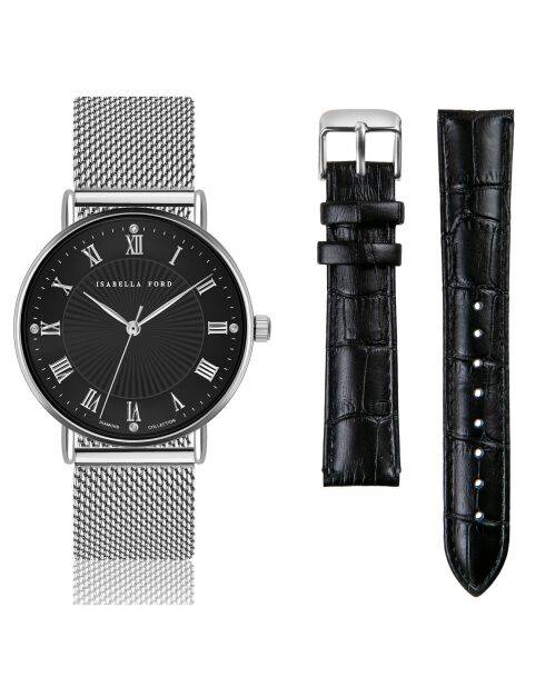 Set Montre 2 Bracelets Désirée en Acier, Cuir & Diamant argenté/noir