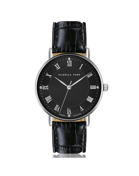 Set Montre 2 Bracelets Désirée en Acier, Cuir & Diamant argenté/noir