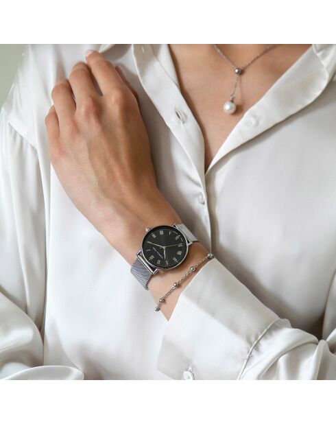 Set Montre 2 Bracelets Désirée en Acier, Cuir & Diamant argenté/noir