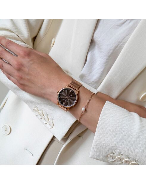 Set Montre 2 Bracelets Coco en Acier, Cuir & Diamant rose doré/marron