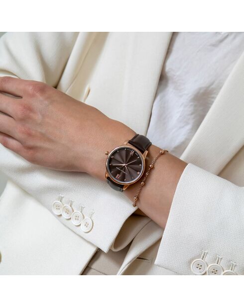 Set Montre 2 Bracelets Coco en Acier, Cuir & Diamant rose doré/marron