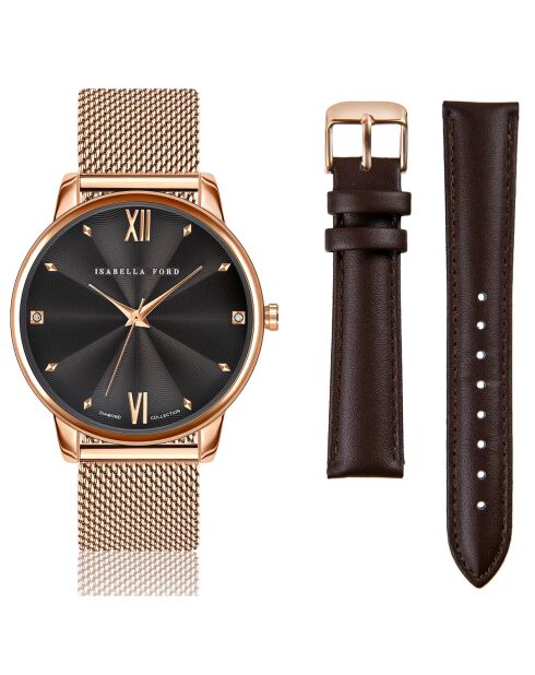 Set Montre 2 Bracelets Coco en Acier, Cuir & Diamant rose doré/marron