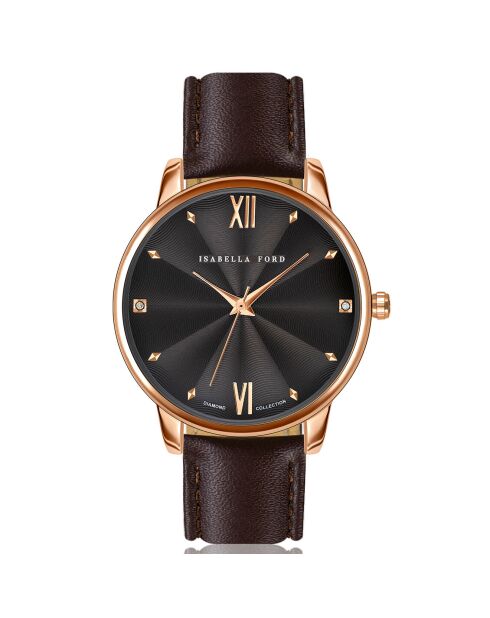 Set Montre 2 Bracelets Coco en Acier, Cuir & Diamant rose doré/marron