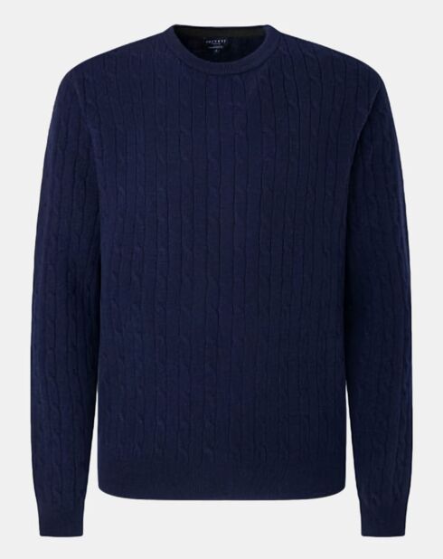 Pull 100% Laine d'agneau col rond Cable Fin bleu