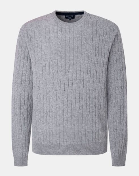 Pull 100% Laine d'agneau col rond Cable gris clair