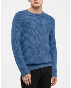 Pull col rond Texture Washed bleu moyen