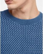 Pull col rond Texture Washed bleu moyen