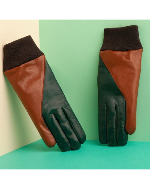 Gants en Cuir d'Agneau doublure Cachemire Gael selle marron/vert patine