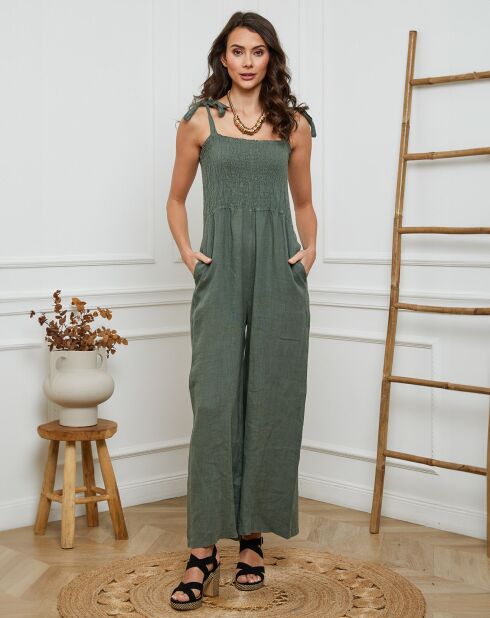 Kaki jumpsuit van 100% linnen Naomi
