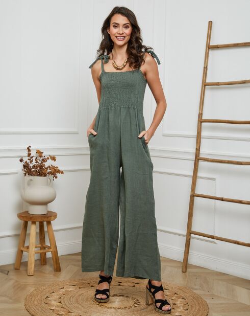 Kaki jumpsuit van 100% linnen Naomi