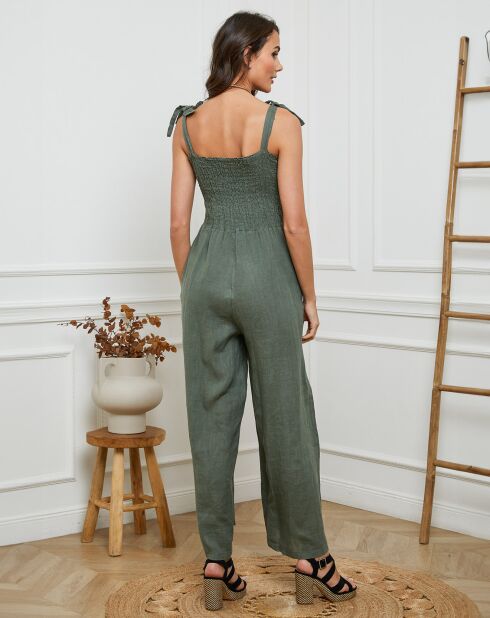 Kaki jumpsuit van 100% linnen Naomi