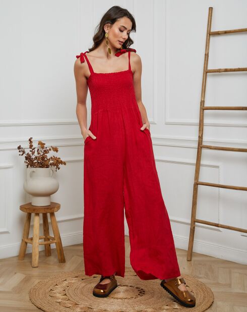Rode jumpsuit van 100% linnen Naomi